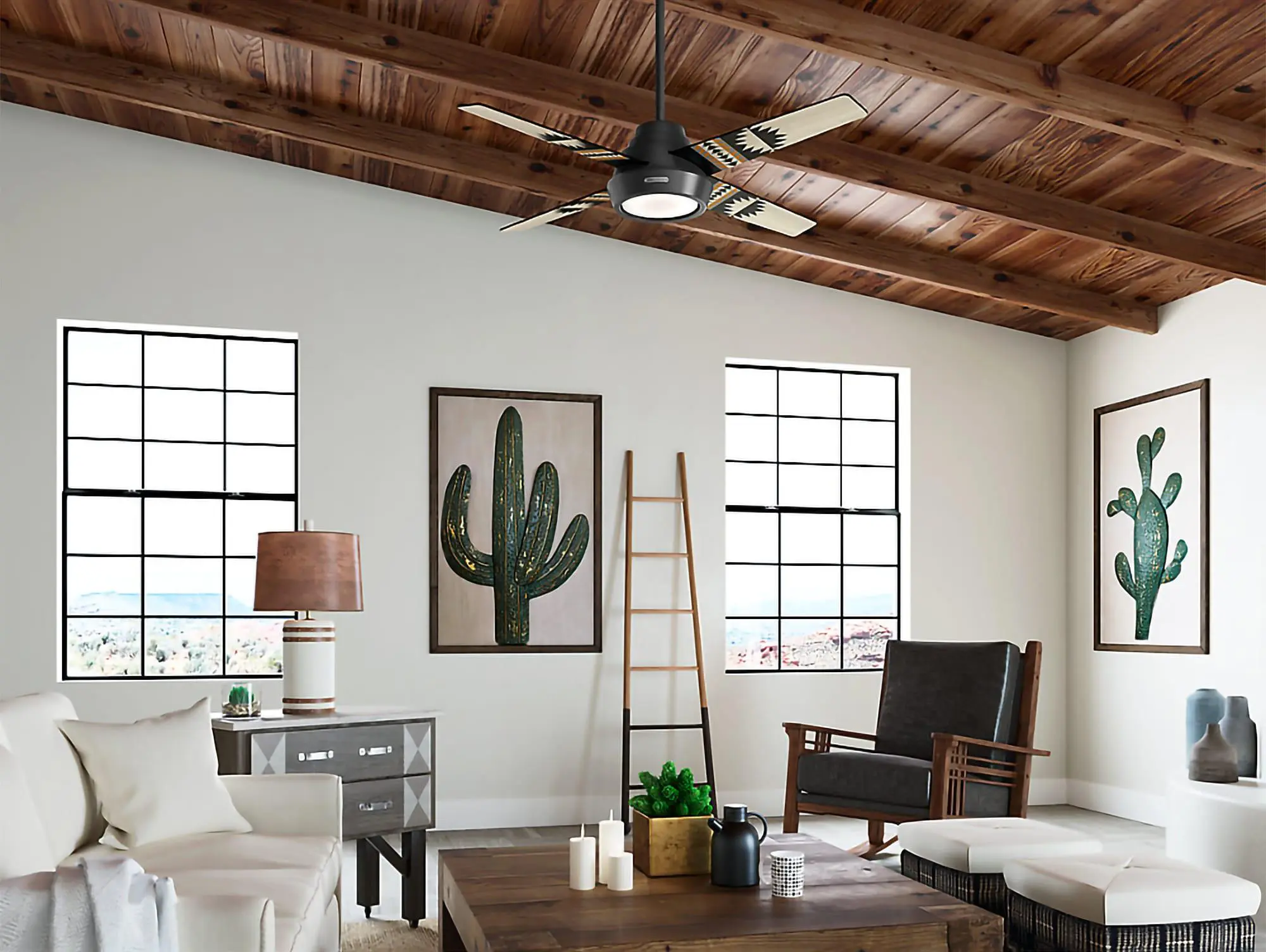 Rustic living room with wooden ceiling fan