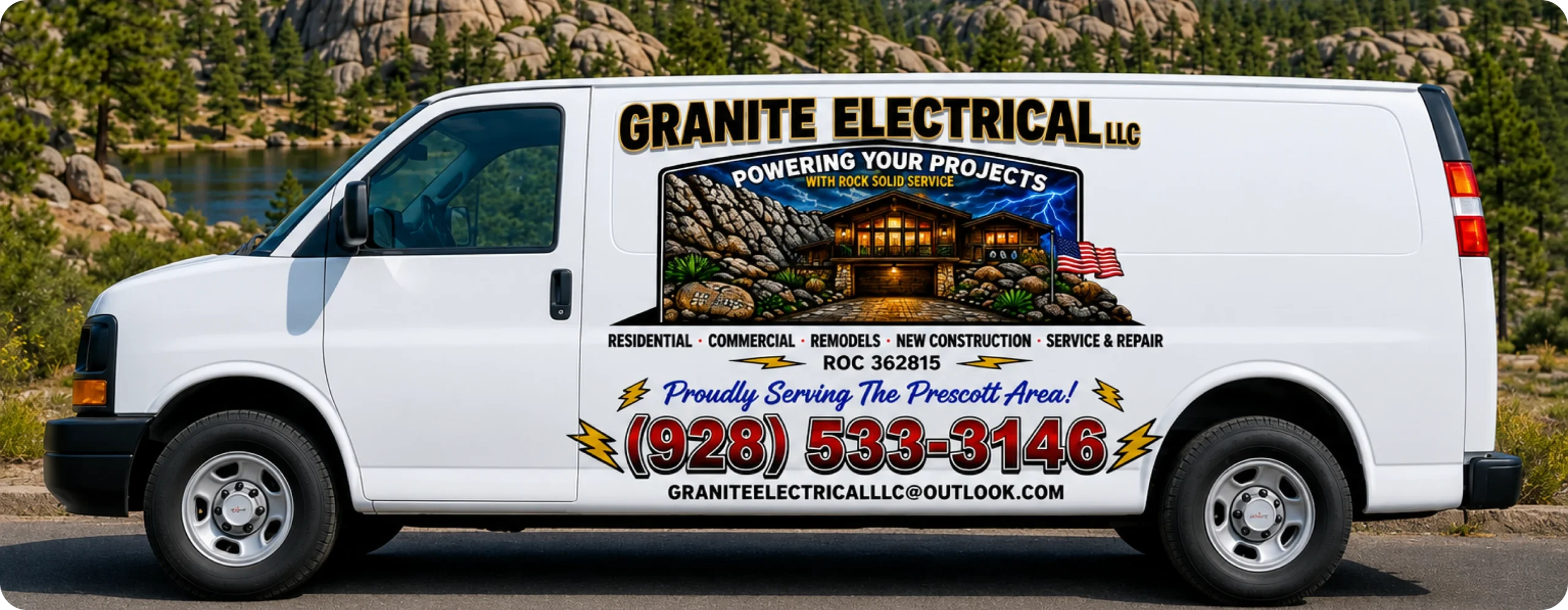 White van with Granite Electrical advertisement.