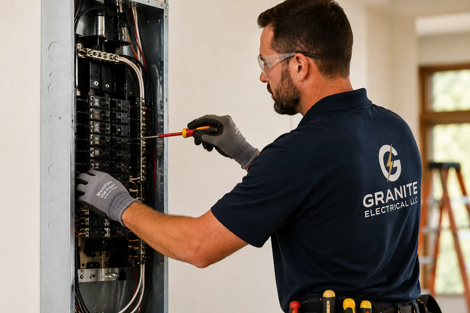 Electrician repairing residential circuit breaker panel