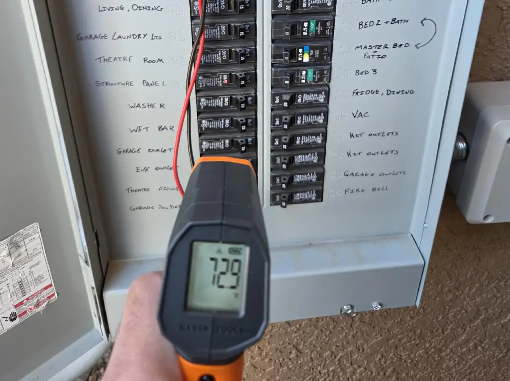 Infrared thermometer measuring breaker panel temperature